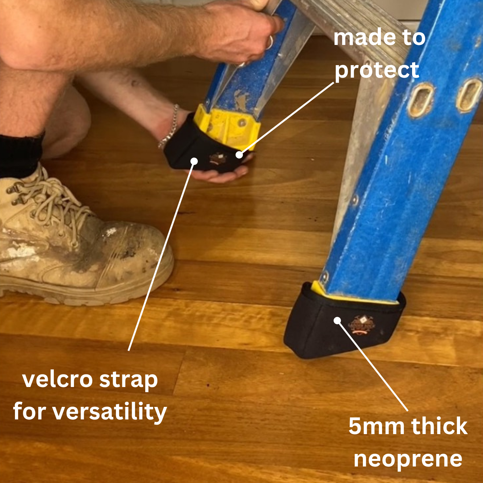 Person using a ladder with a Ladder Sock for floor protection on a wooden floor.